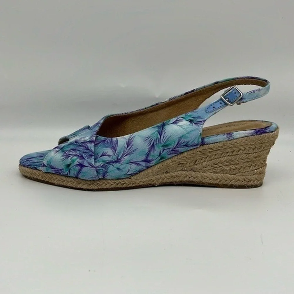 Easy Street‎ Devlin Espadrille Wedge Sandals Blue Purple Tropical Slingback 9.5